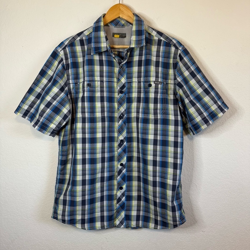 Eddie Bauer Blue Black Plaid Short Sleeve Lightweight Button Front Shirt Sz MED